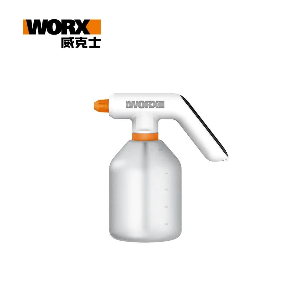 WORX 威克士 WX018 鋰電電動噴壺側面圖,可見握把、開關按鈕與可調噴嘴