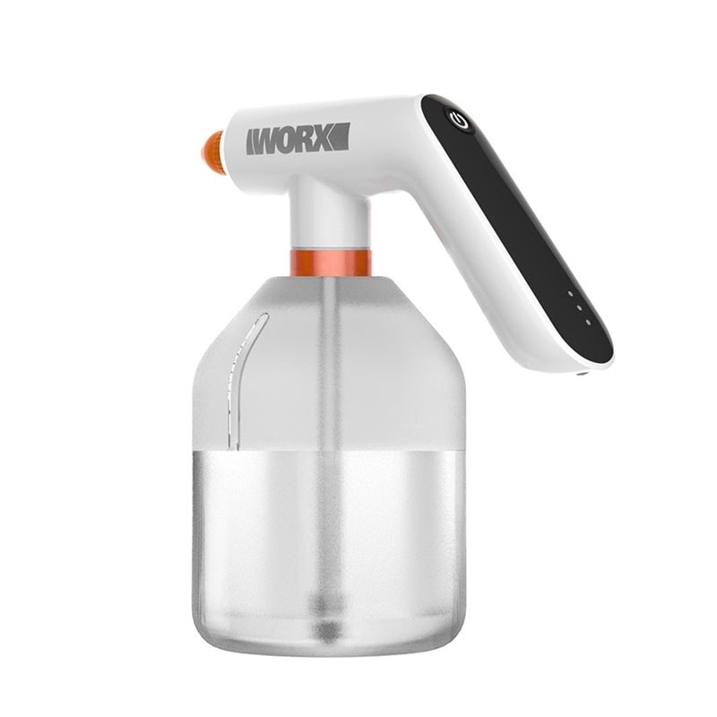 WORX 威克士 WX018 5V 1000ml 鋰電電動噴壺正面圖,白色機身配橙色噴嘴及 1000ml 刻度水壺