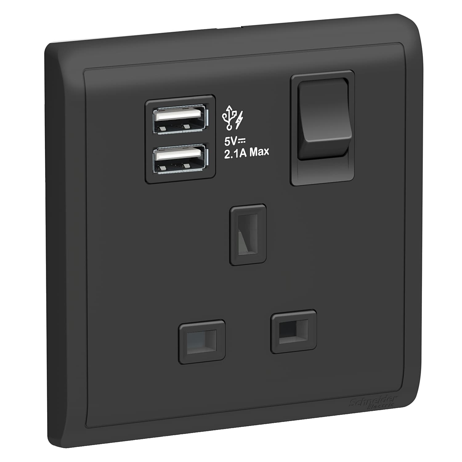 Schneider 施耐德電氣 Pieno 丰尚 13A 單位連保護門有掣插座連兩位USB充電插座 E8215USB_MB(寫意黑)香港行貨