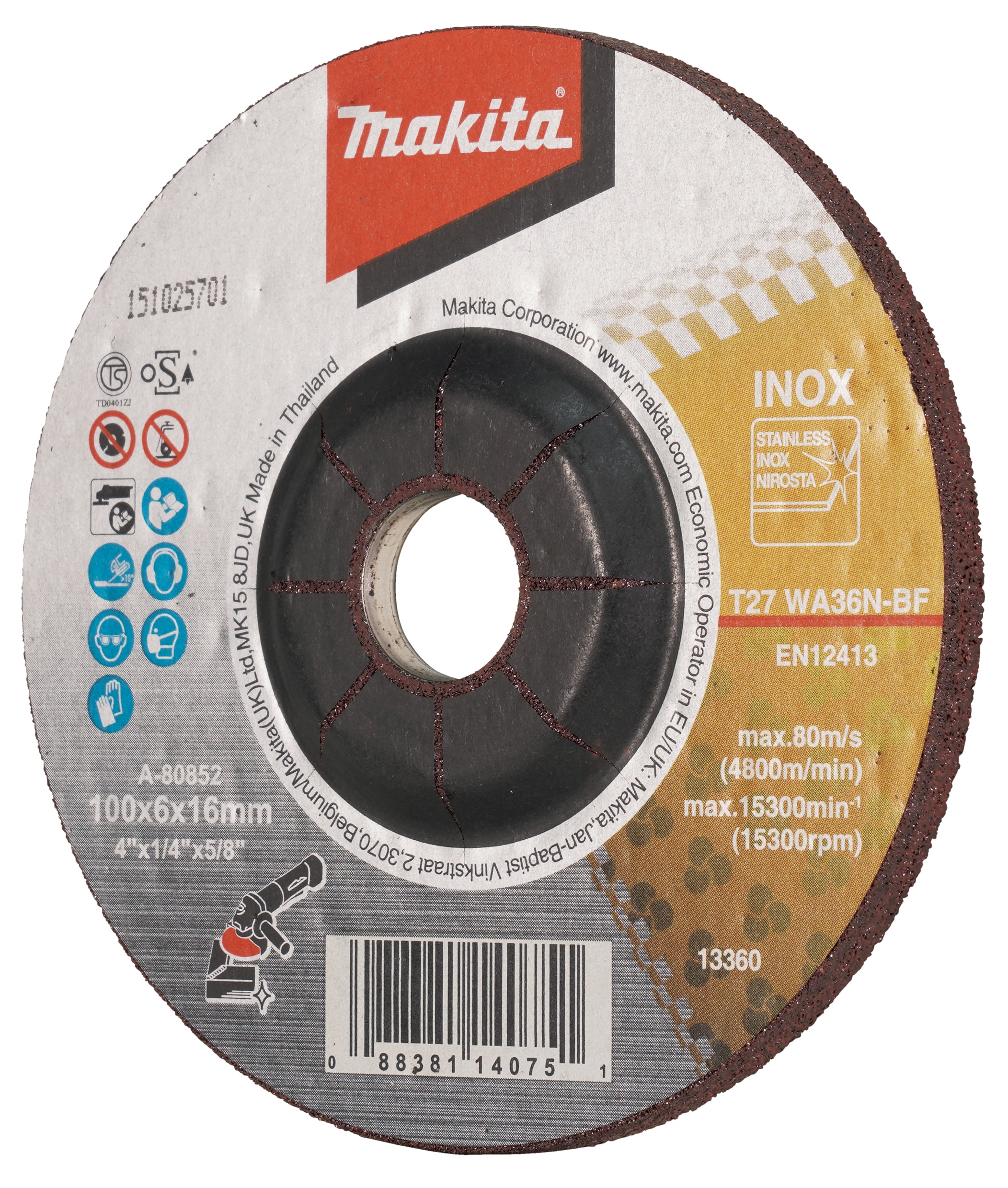 Makita A-80852 磨輪100X6X16 WA36(正面)