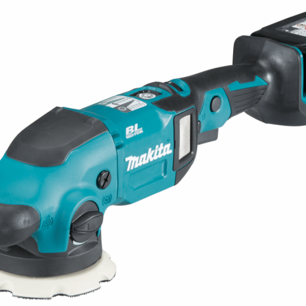 Makita 牧田 DPO500Z 18V 充電式隨機軌道拋光機側面全機圖,可見 BL 無碳刷馬達標示及 125mm 魔術貼橡膠墊