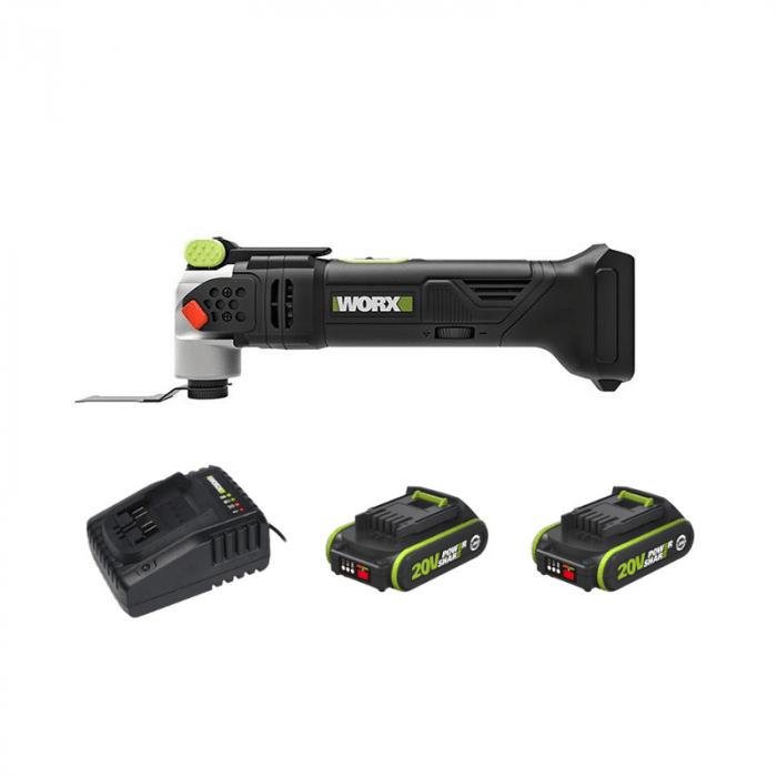 WORX 威克士 WU690.1 20V 無刷鋰電多功能磨切機套裝,包括主機、20V 2.0Ah 鋰電池兩枚及 2A 充電器