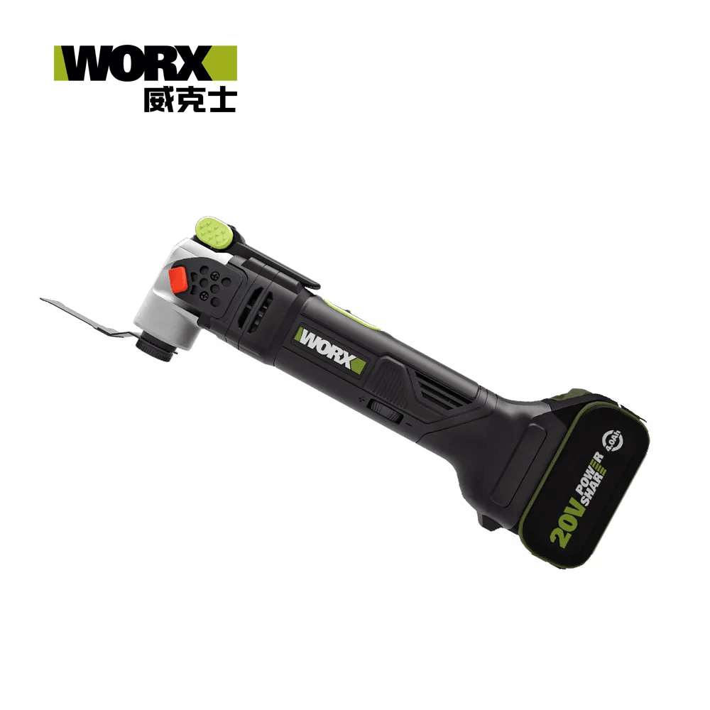 WORX 威克士 WU690.1 20V 無刷鋰電多功能磨切機主機側面,已裝上 20V POWERSHARE 鋰電池及磨切片