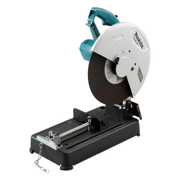 Makita 牧田 M2403B 355mm 型材切割機整機外觀,已裝上切割砂輪片及虎鉗夾具