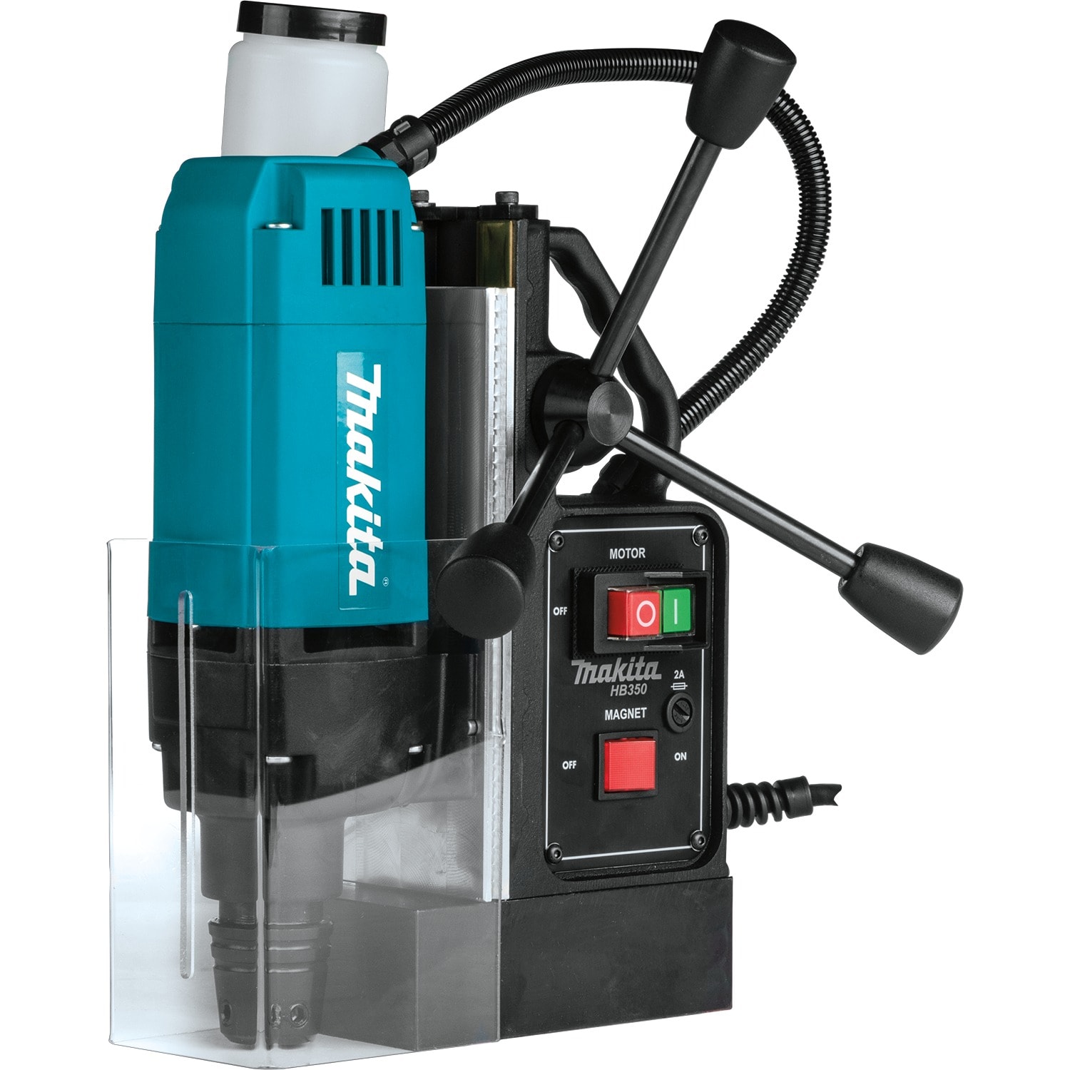 Makita 牧田 HB350 磁力鑽正面右前方角度,配 500 mL 冷卻液樽、透明防護罩及三鍵控制面板