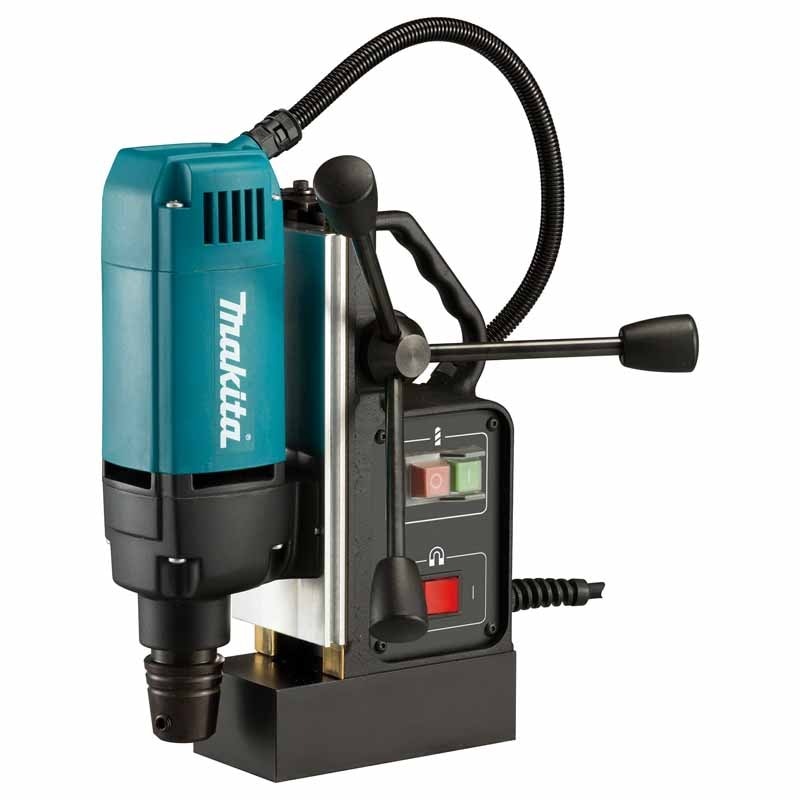 Makita 牧田 HB350 磁力鑽左前方角度,可見馬達、進給手柄、磁座及電源線