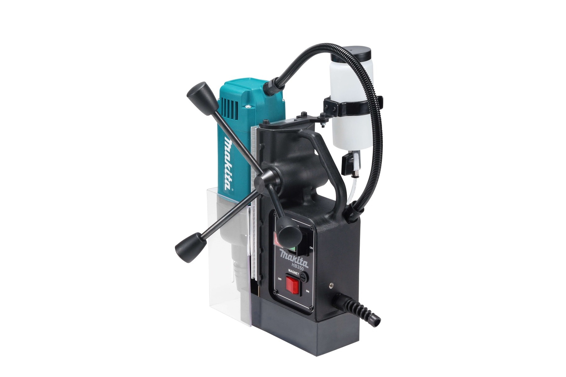 Makita 牧田 HB350 磁力鑽後方角度,可見鑄造搬運手柄、冷卻液樽支架及磁座控制面板