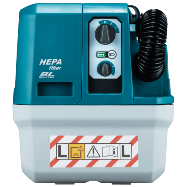 Makita VC013GLZ01 集塵機正面圖,可見吸力調校旋鈕、電量指示及 L 級粉塵標籤
