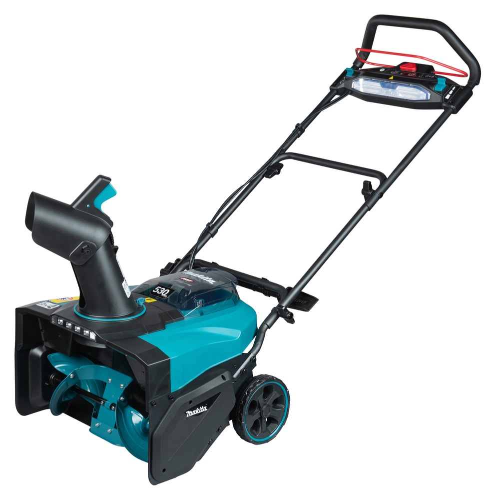 Makita 牧田 SN001GZ 40V max XGT 充電式吹雪機淨機左前方立體圖,可見拋雪煙囪、LED 燈及摺疊手把