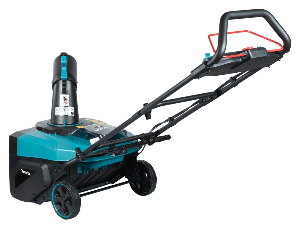 Makita 牧田 SN001GZ 充電式吹雪機右後方立體圖,顯示操作手把、控制開關及後輪