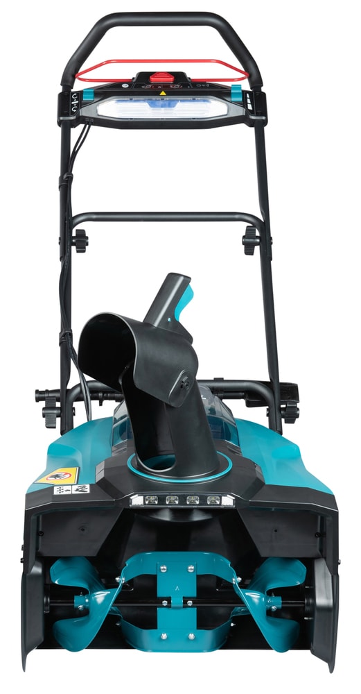 Makita 牧田 SN001GZ 充電式吹雪機正面圖,可見 530mm 雪絞龍、LED 照明燈及拋雪煙囪