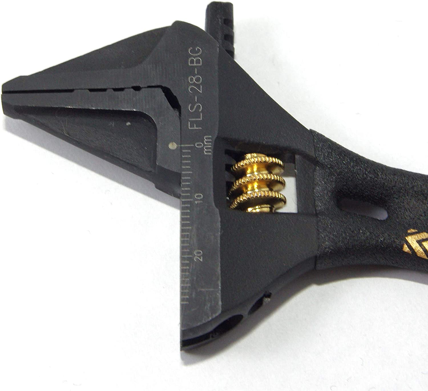 FUJIYA KUROKIN FLS-28-BG 超輕短型活動扳手 4.5"(刻度與鉗口細節)
