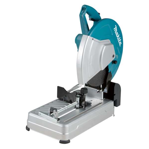 Makita 牧田 DLW140Z 充電式型材切割機主圖,可見 355 mm 砂輪片護罩、虎鉗夾具及底座