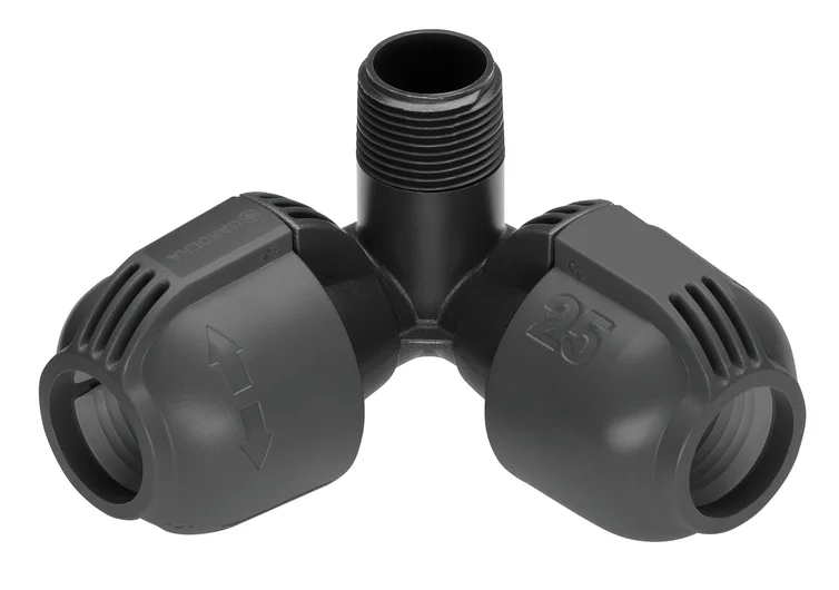 德國 GARDENA 2783-20 25 mm x 3/4 吋外牙角位接頭白底產品圖