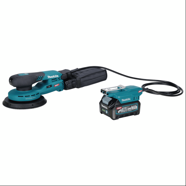 Makita 牧田 BO002CGZ 40V 盤式軌道砂光機(淨機)連集塵袋及電池接駁器側面全機圖