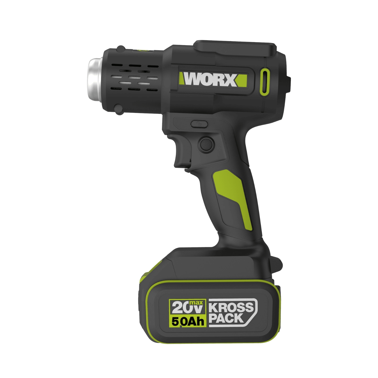 WORX 威克士 WU040.9 20V 無刷鋰電數顯熱風槍 淨機 正側面產品圖(圖中電池為示範用途,淨機不含電池及充電器)