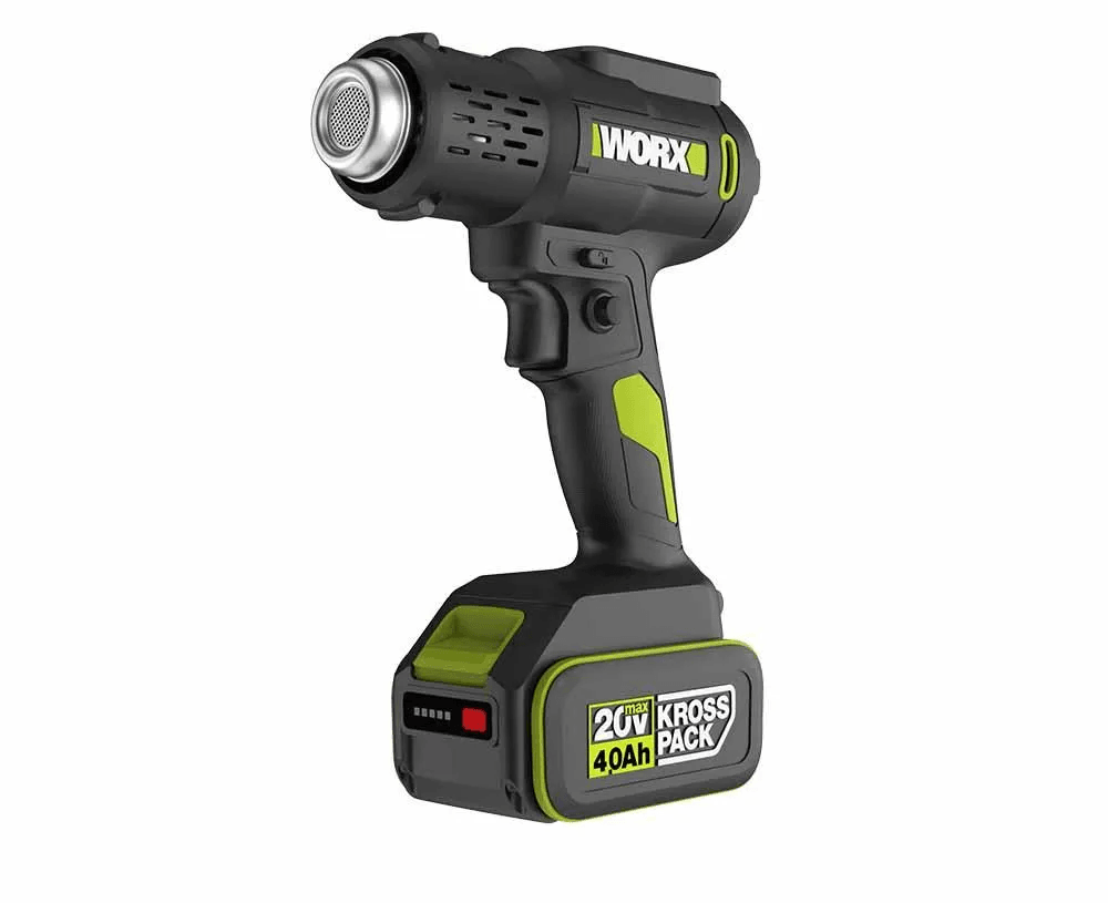 WORX 威克士 WU040.9 20V 鋰電熱風槍 立體角度產品圖(圖中電池為示範用途,淨機不含電池及充電器)