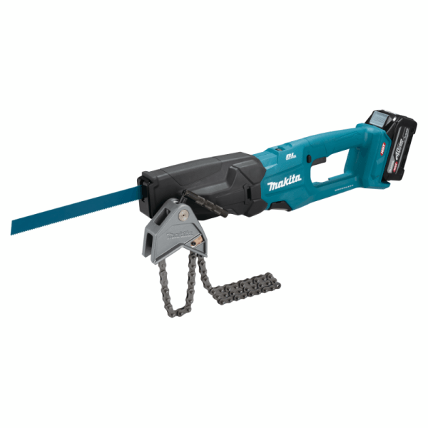 Makita 牧田 JR003GZ 40V 充電式往復鋸全機外觀,已裝上鏈式虎鉗及鋸片