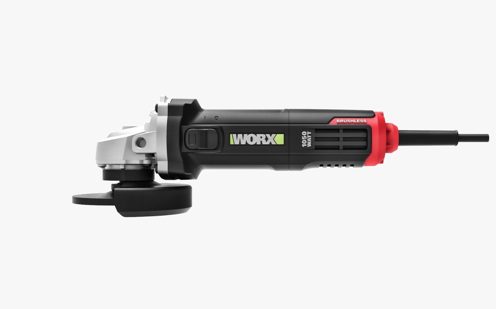 WORX 威克士 WU980 無刷角磨機 側面全機身特寫,可見側開關及 100mm 護罩