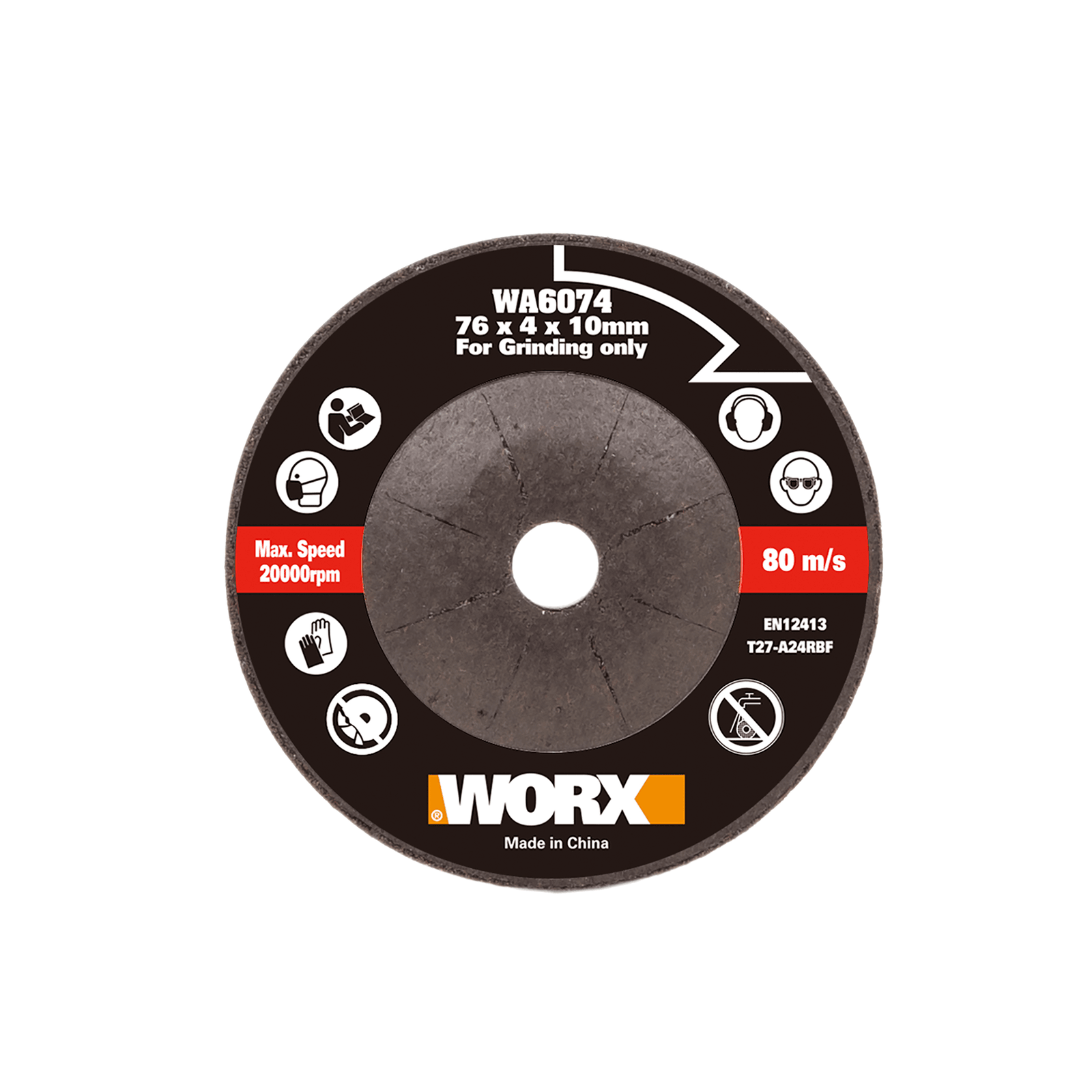 WORX 威克士 WA6074 76mm 砂輪磨碟正面白底產品圖,磨碟標籤標示 76x4x10mm、最高轉速 20000rpm、80m/s
