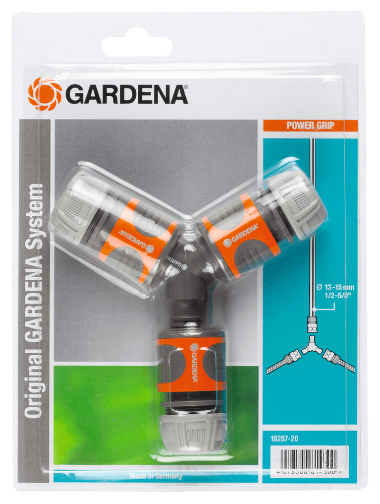 德國 GARDENA 18287-20 13毫米(1/2吋)雙向水喉分支接頭套裝白底產品圖