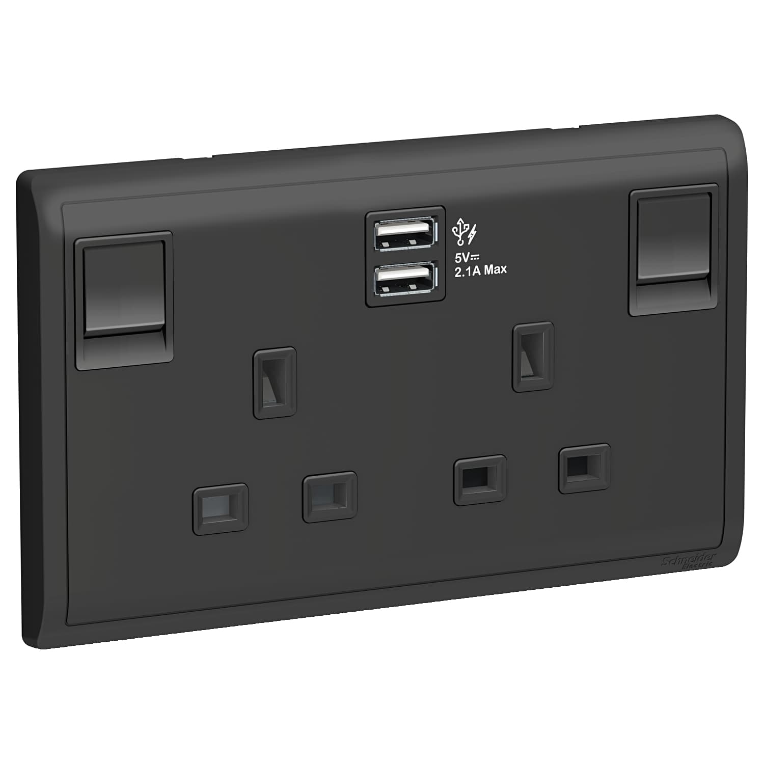 Schneider 施耐德電氣 Pieno 丰尚 13A 兩位連保護門有掣插座連兩位USB充電插座 E82T25USB_MB(寫意黑)香港行貨