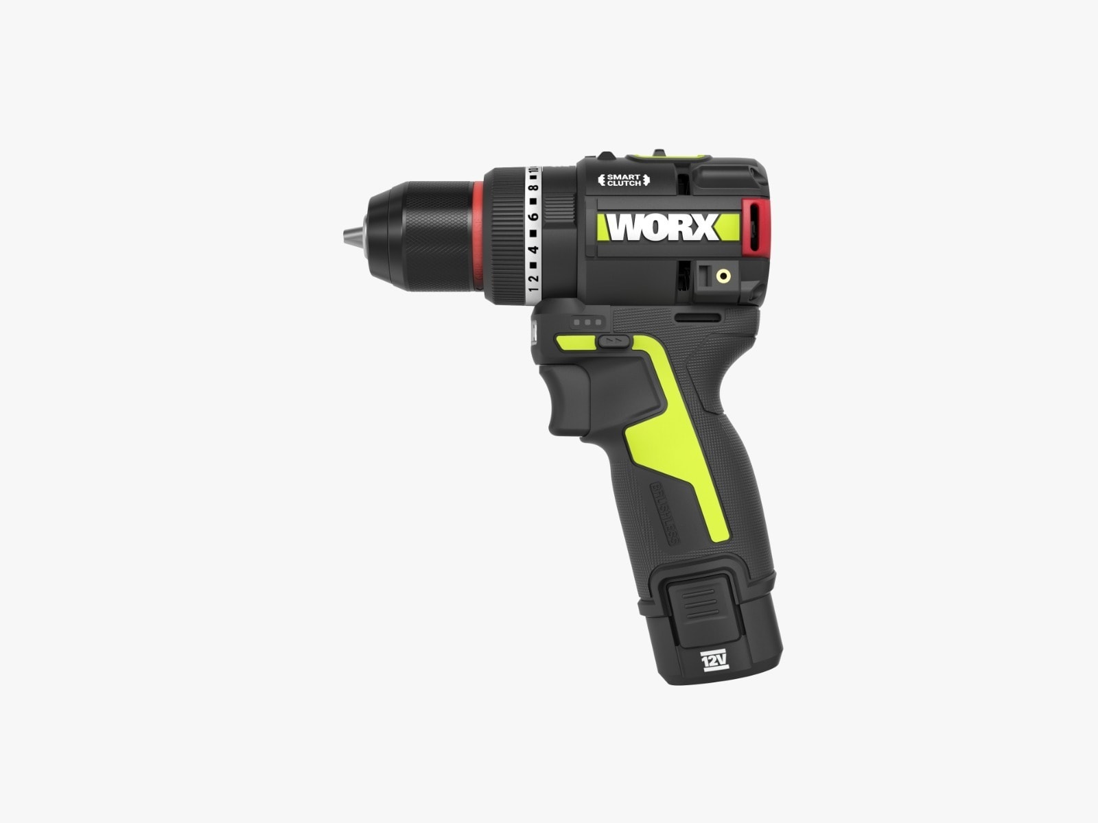 WORX 威克士 WU135T 12V 無刷衝擊電鑽側面外觀,可見 SMART CLUTCH 智能離合與 10mm 金屬夾頭