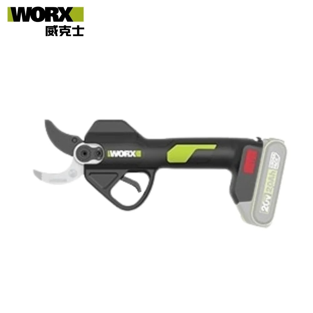 WORX 威克士 WU571.9 20V 無刷電剪刀 斜角外觀,可見 SK5 合金刀頭及包膠手柄