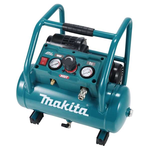 Makita 牧田 AC001GZ 40V 充電式空氣壓縮機(淨機)正面斜角產品圖,可見壓力錶、開關及手握位