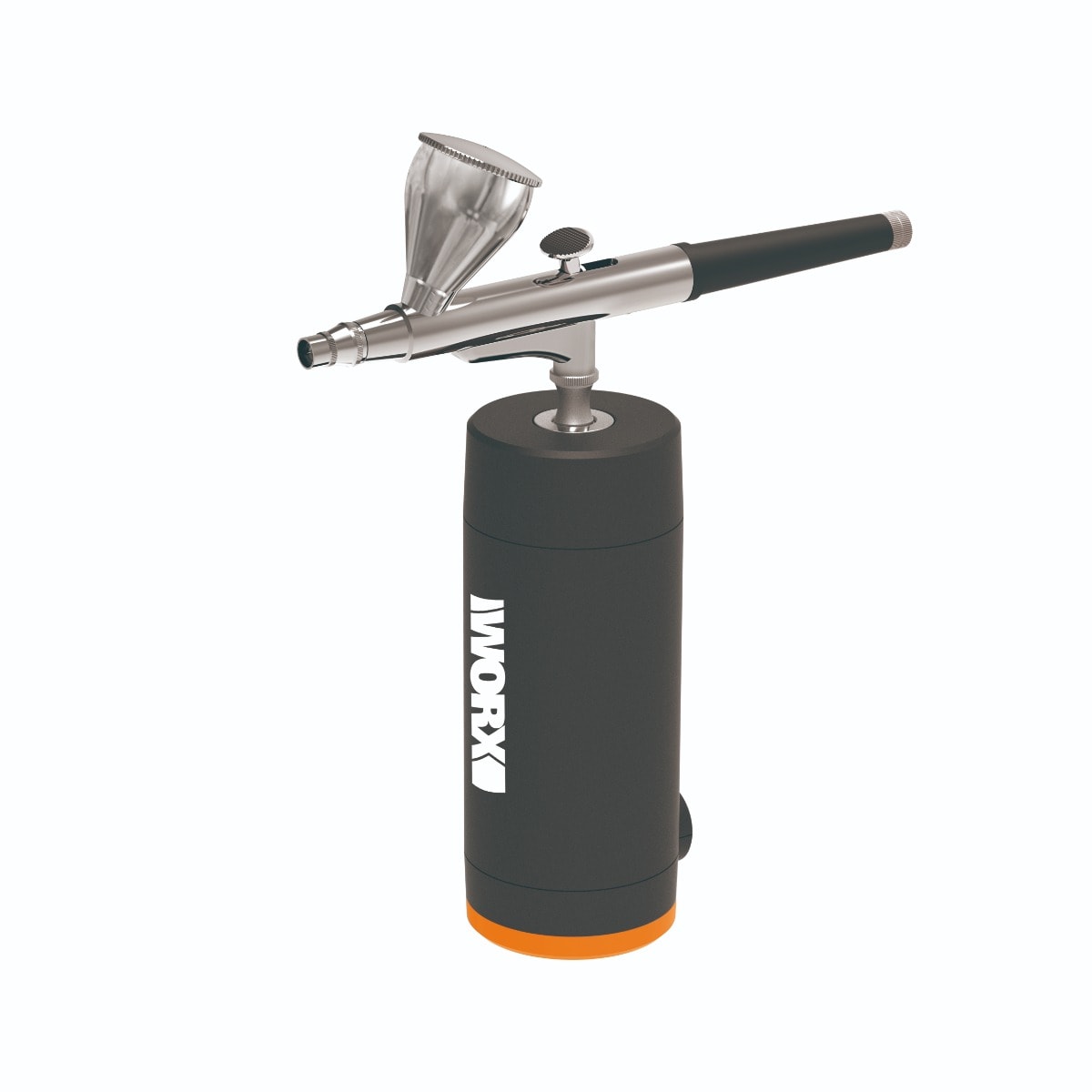 WORX 威克士 WU592 20V MakerX 電噴筆白底立體圖,可見 0.4mm 針嘴與重力式漆杯