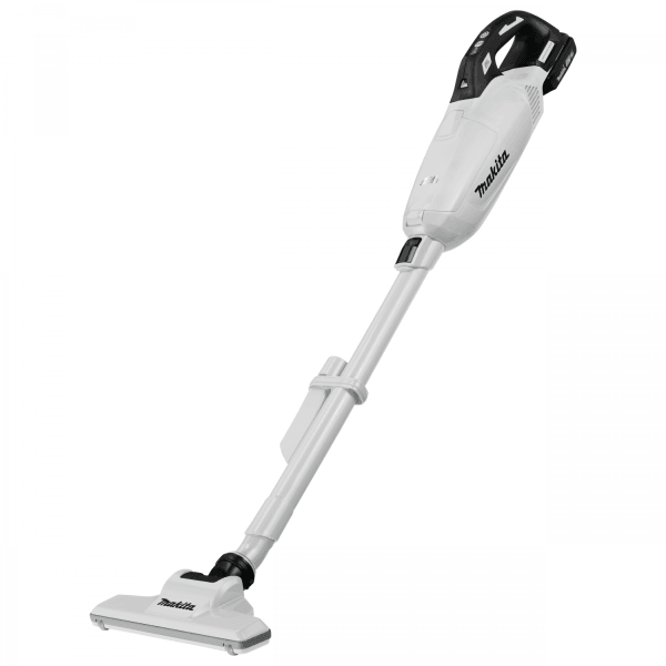 Makita DCL285FRAW 18V 充電式吸塵機(白色)全機正面圖,已裝上吸管及地板吸嘴