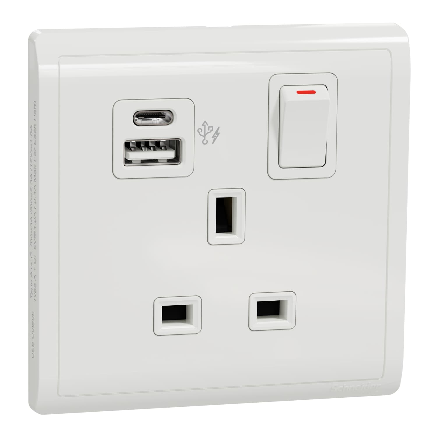 Schneider 施耐德電氣 Pieno 丰尚 13A 單位連保護門有掣雙極插座連兩位USB快速充電插座 Type A+C E8215DACUSB_WE(白)香港行貨