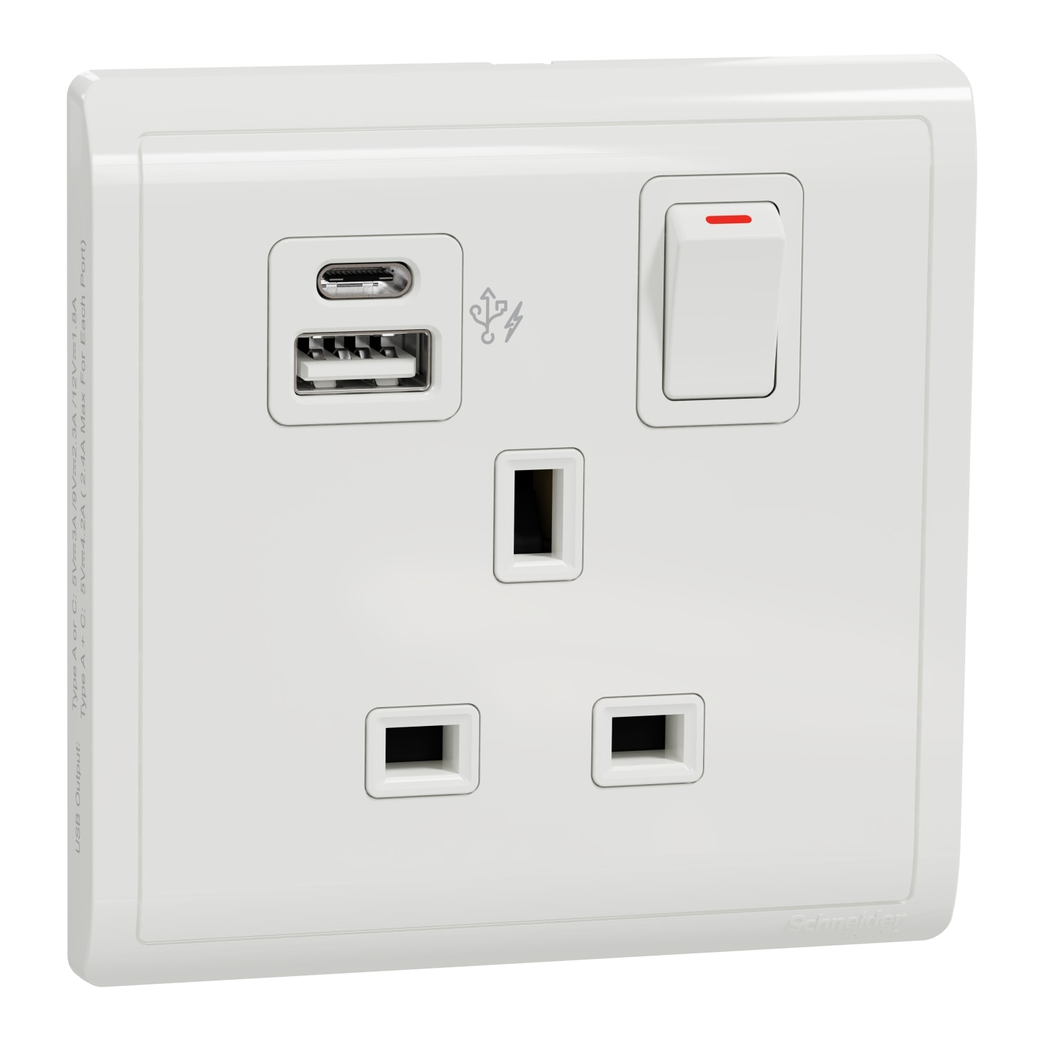 Schneider 施耐德 Pieno 丰尚 13A 單位連保護門有掣雙極插座連兩位USB快速充電插座 Type A+C(白)E8215DACUSB_WE
