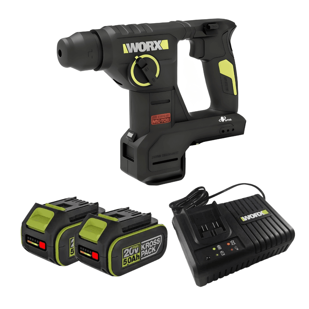 WORX WU384.2 20V 20mm Brushless Cordless Rotary Hammer (2x 5.0Ah Batteries + 6A Charger)