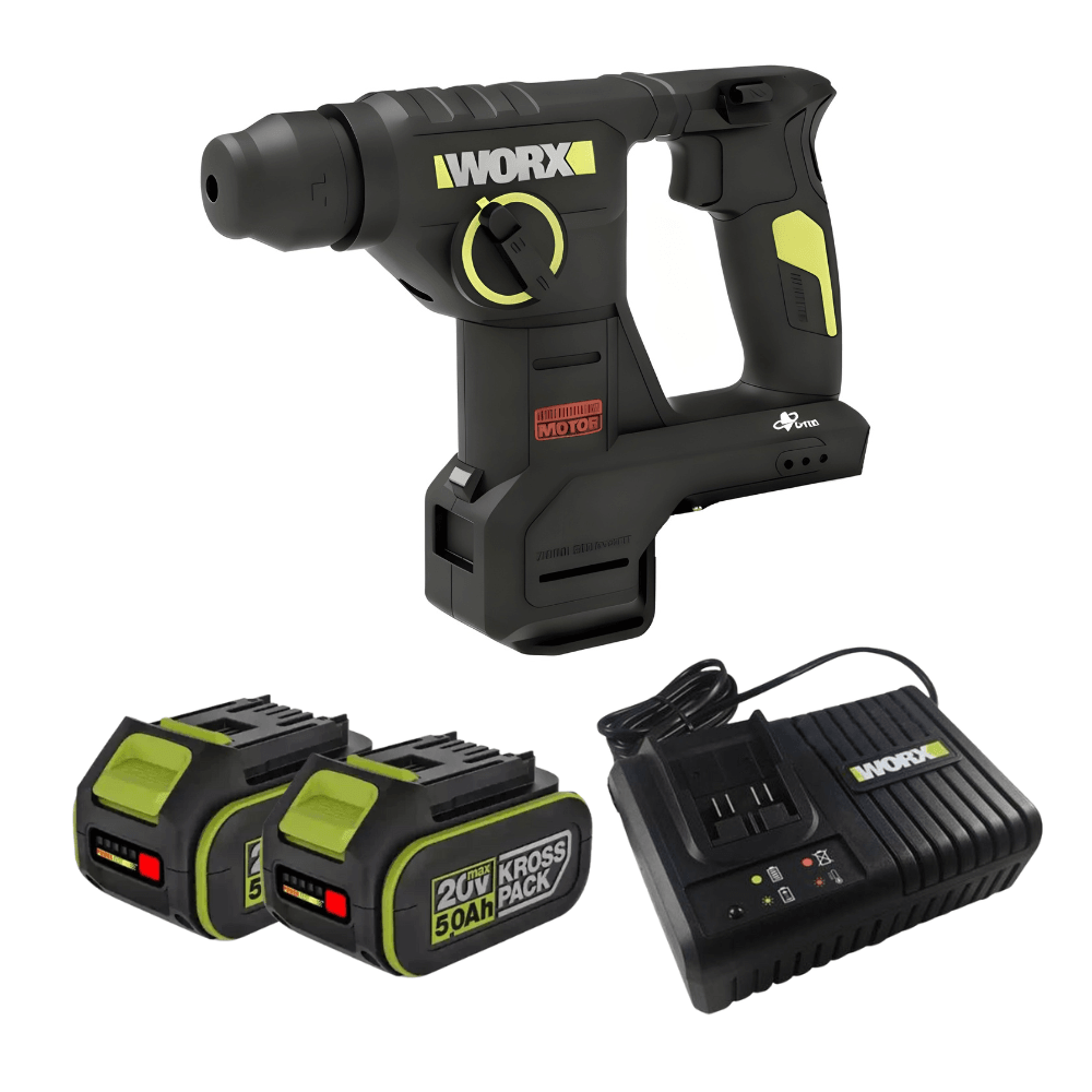 WORX 威克士 WU384.2 20V 無刷鋰電二用電錘套裝:主機 x1、20V 5.0Ah KROSS PACK 鋰電池 x2、6A 充電器 x1 白底產品圖