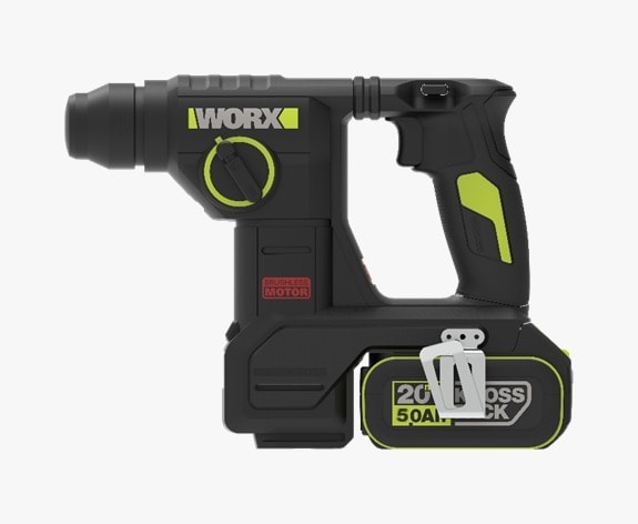 WORX 威克士 WU384.2 20V 無刷二用電錘側面圖,配 20V 5.0Ah KROSS PACK 鋰電池