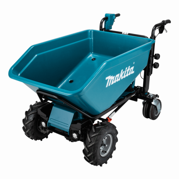 Makita 牧田 DCU603Z 18Vx2 充電式搬運車淨機全機斜角圖,可見藍色泥斗及四輪車架