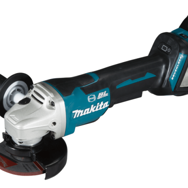 Makita 牧田 DGA418ZU 18V 充電式角向磨光機側面產品照,配備 100mm 砂輪片及輪罩