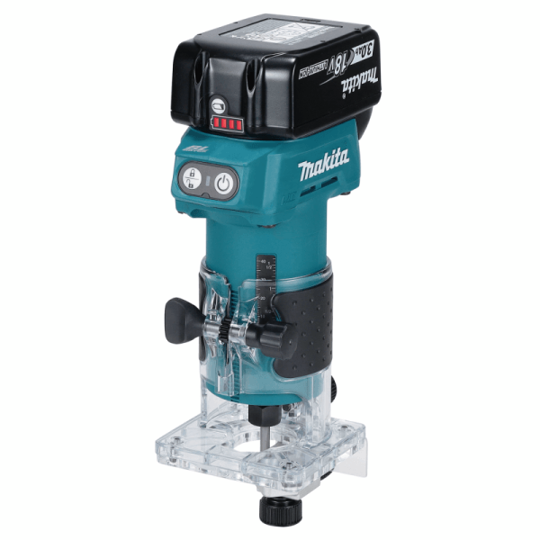Makita 牧田 DRT52Z 18V 充電式修邊雕刻機(淨機)主圖,白色背景斜前方全機拍攝