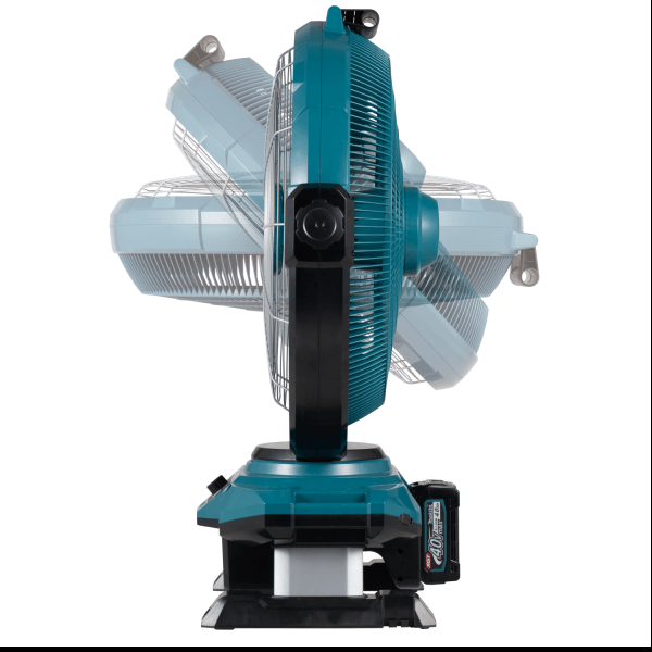 Makita CF003GZ 充電式風扇側面圖,展示風扇頭上下傾角調校範圍