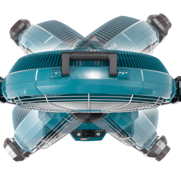 Makita CF003GZ 充電式風扇頂視圖,展示左右擺動角度範圍