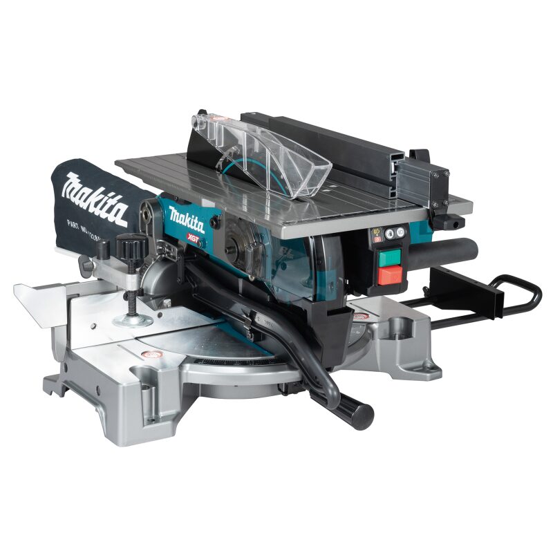 Makita LH001GZ 平台斜切鋸側前方角度,可見上方工作檯及平行導板