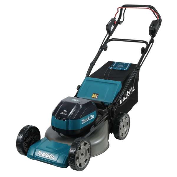 Makita 牧田 LM003JZ 64V 充電式自走剪草機淨機,配備金屬機身刀盤、62L 黑色集草箱及可摺疊推桿