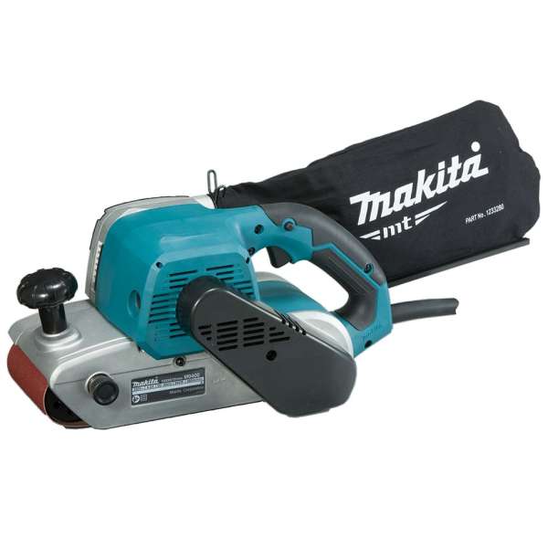 Makita 牧田 M9400B 100 毫米帶式砂光機,已裝上集塵袋的側面產品圖