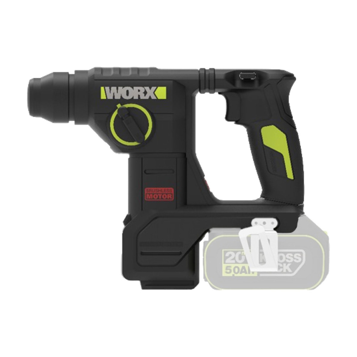 WORX 威克士 WU384.9 20V 無刷二用電錘淨機側面圖,虛影位置為另購的 20V 鋰電池