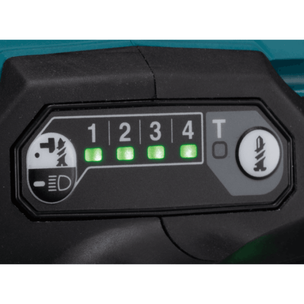 Makita TD004GZ 機身控制面板特寫,顯示四段衝擊力選擇、T 模式及工作燈按鈕