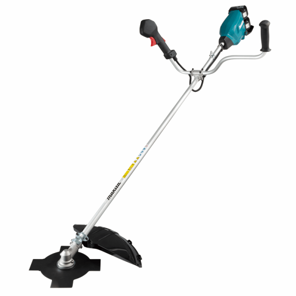 Makita 牧田 DUR369AZ 充電式割草機全機正面圖,雙握把設計並裝上金屬刀片及保護罩
