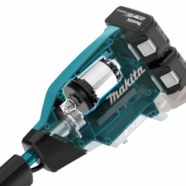 Makita DUR369AZ 機頭剖視特寫,展示 BL 無碳刷馬達及 18V x 2 電池插槽