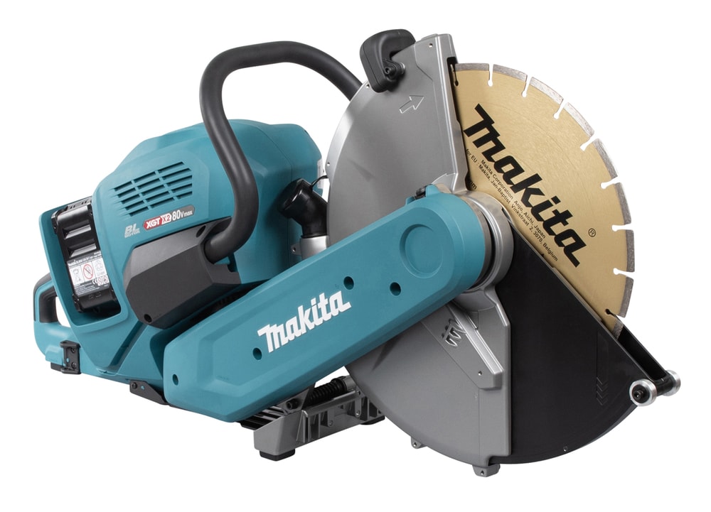 Makita 牧田 CE002GZ 40V max X2 充電式切斷機側面全機圖,已裝上 355 毫米鑽石圓盤