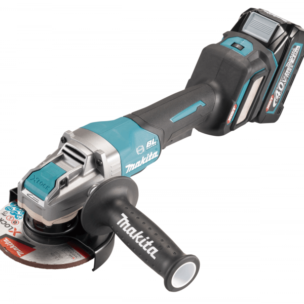 Makita 牧田 GA044GZ 40V 充電式角向磨光機 125mm (X-LOCK) 淨機,裝上側柄及砂輪片的整機外觀